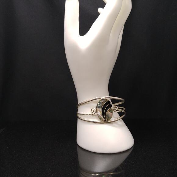 Alpaca Mexico Abalone Shell Cuff Bracelet Silver Tone 1970s Vintage Jewelry - Picture 10 of 10